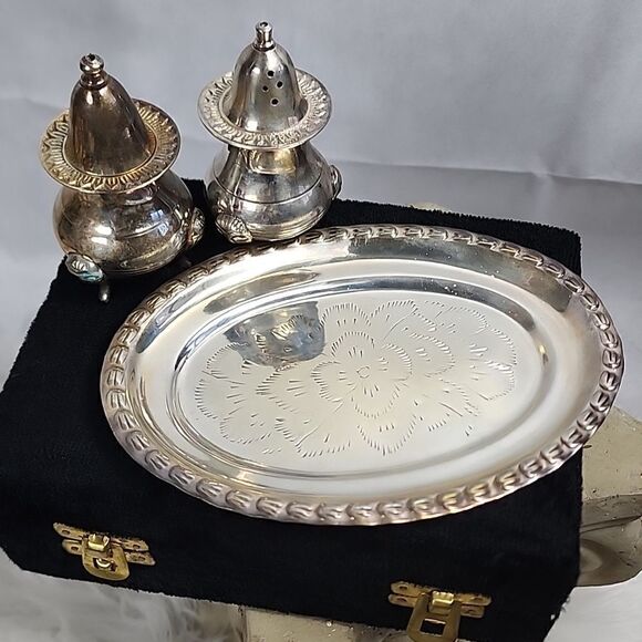 Vintage Silverplate Salt & Pepper with Tray and Crushed Velvet Case - Picture 4 of 10